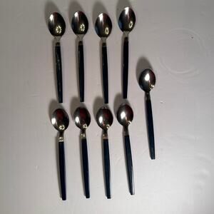 Set of 9 VTG MCM Stainless China Blue Plastic Handle 6" Childs Spoon Silverware